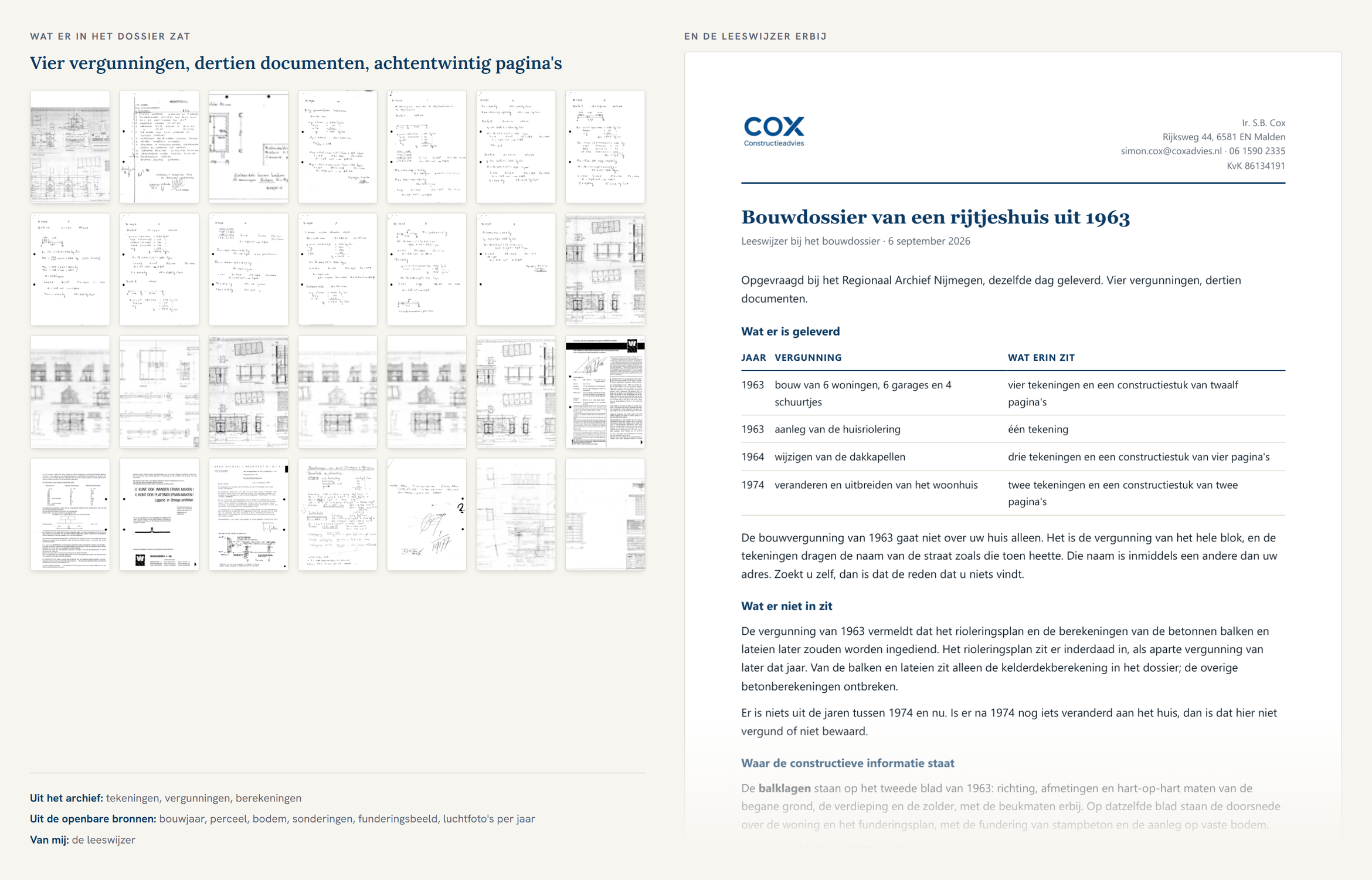 Twenty-eight scanned pages from a 1963 Dutch building file, side by side with the reader's guide that belongs to it